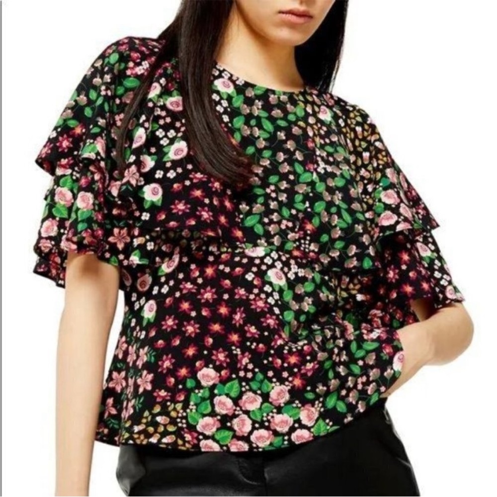 Topshop Black Floral Open Back Top Size 6 NWT
